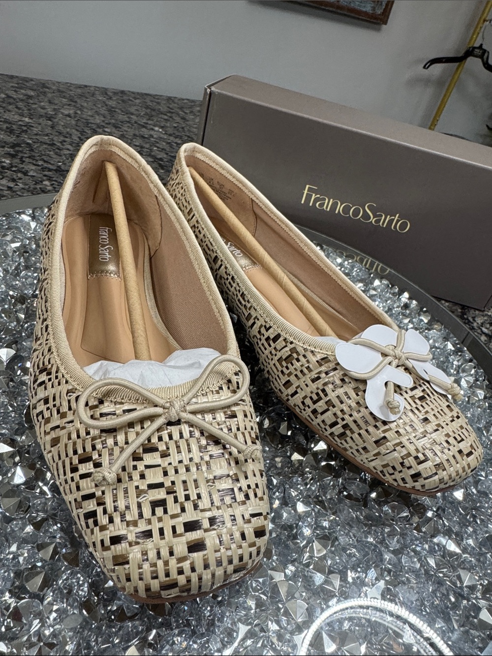 Franco Sarto Abigail Beige Woven Ballet Flats with bow NEW 7